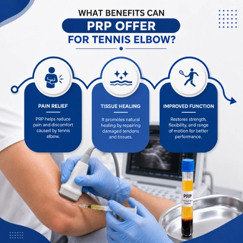 Can PRP Therapy Help Tennis Elbow? Benefits and Expected Results 5 Infographic explaining the benefits of PRP therapy for tennis elbow, including pain relief, tissue healing, and improved elbow function.