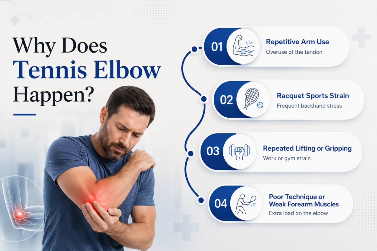 Tennis Elbow Treatment in Dubai: Causes, Symptoms, and Recovery Guide 3 Infographic showing common causes of tennis elbow, including repetitive arm use, racket sports, heavy lifting, and poor forearm strength.