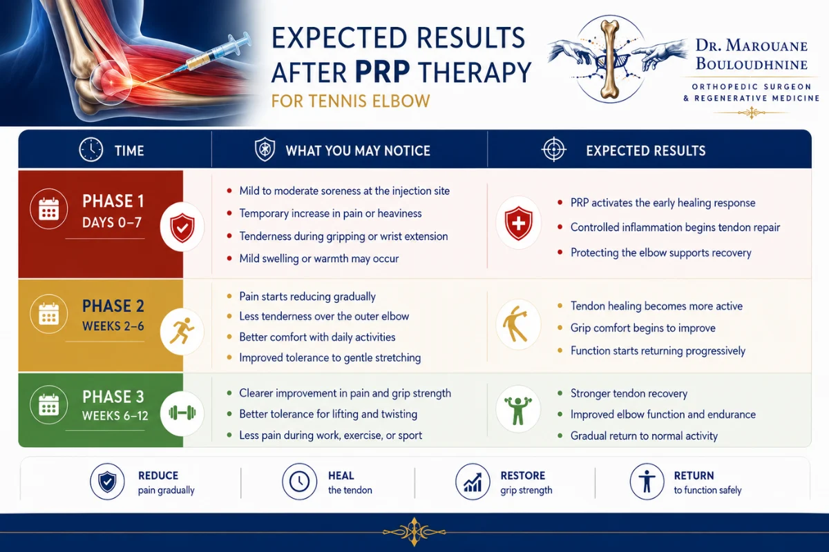 Can PRP Therapy Help Tennis Elbow? Benefits and Expected Results 4 Timeline infographic showing the expected recovery stages and healing progress after PRP therapy for tennis elbow from day 1 to 12 weeks.