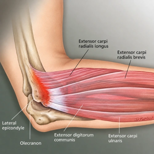 Tennis Elbow Treatment in Dubai: Causes, Symptoms, and Recovery Guide 2 Anatomical illustration of the forearm muscles and tendons involved in tennis elbow, including the lateral epicondyle and extensor muscles.