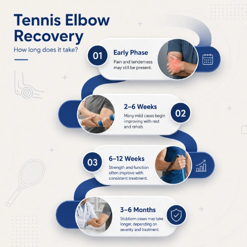 Tennis Elbow Treatment in Dubai: Causes, Symptoms, and Recovery Guide 6 Infographic showing the typical tennis elbow recovery timeline, from the early phase to 3–6 months with proper treatment and rehabilitation.