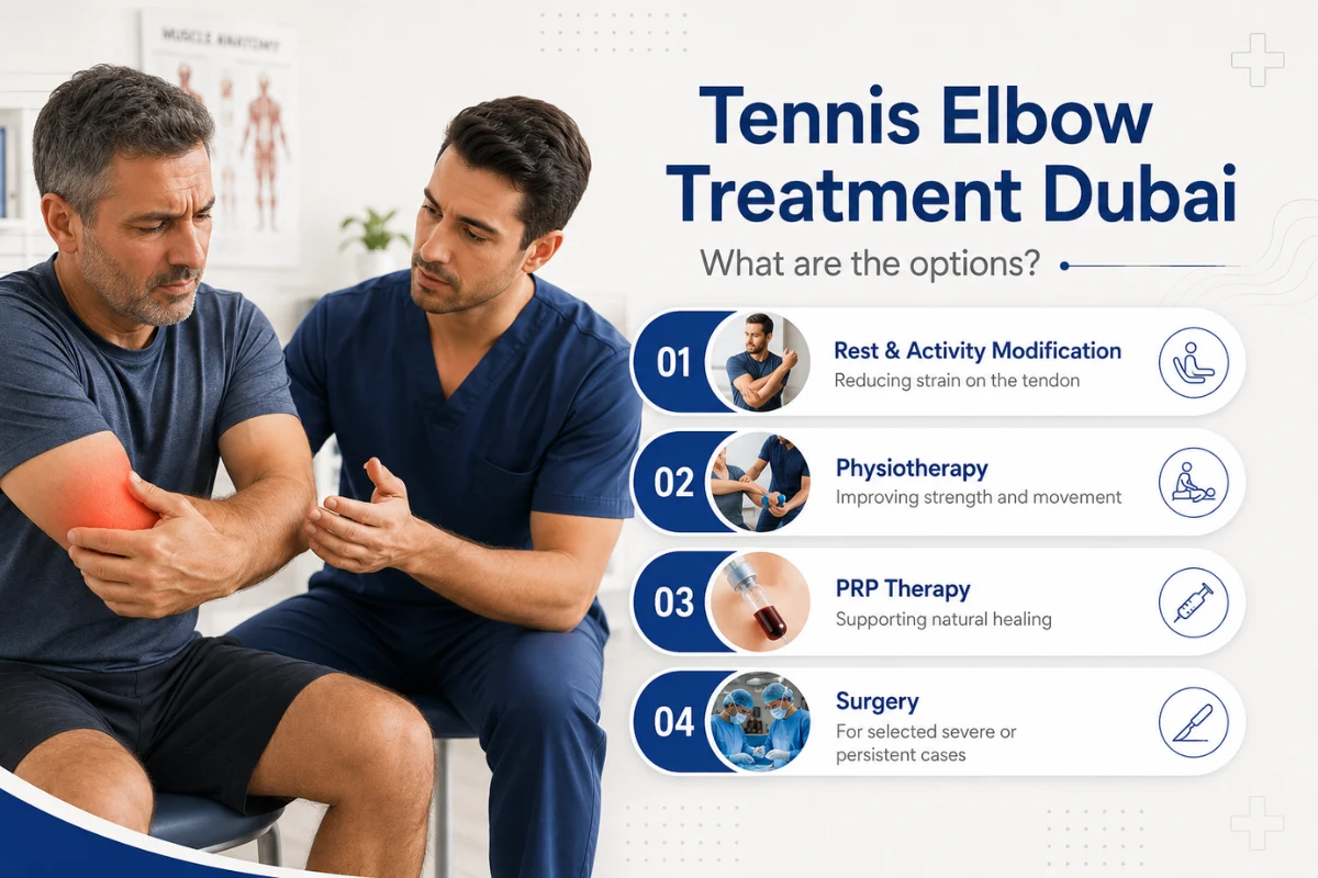Tennis Elbow Treatment in Dubai: Causes, Symptoms, and Recovery Guide 5 Infographic explaining treatment options for tennis elbow, including rest, physiotherapy, PRP therapy, and surgery for severe cases.