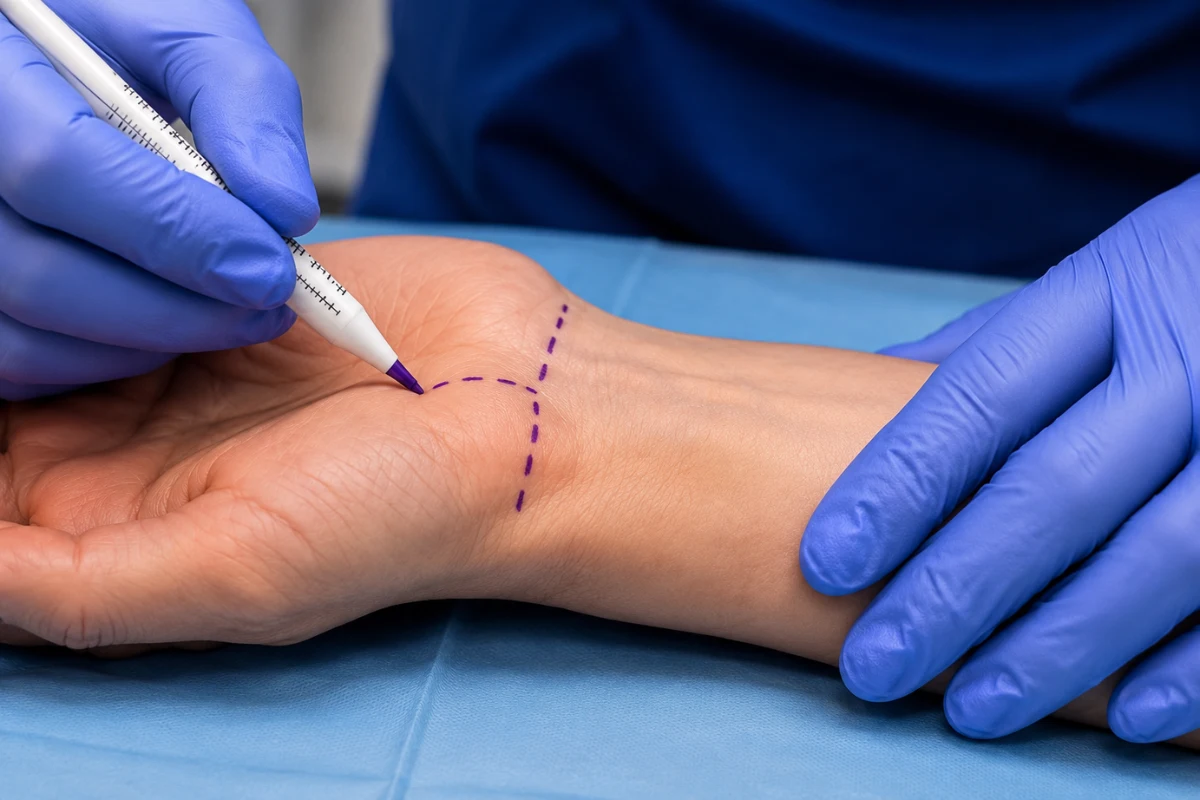 Orthopedic surgeon marking the wrist before carpal tunnel release surgery.