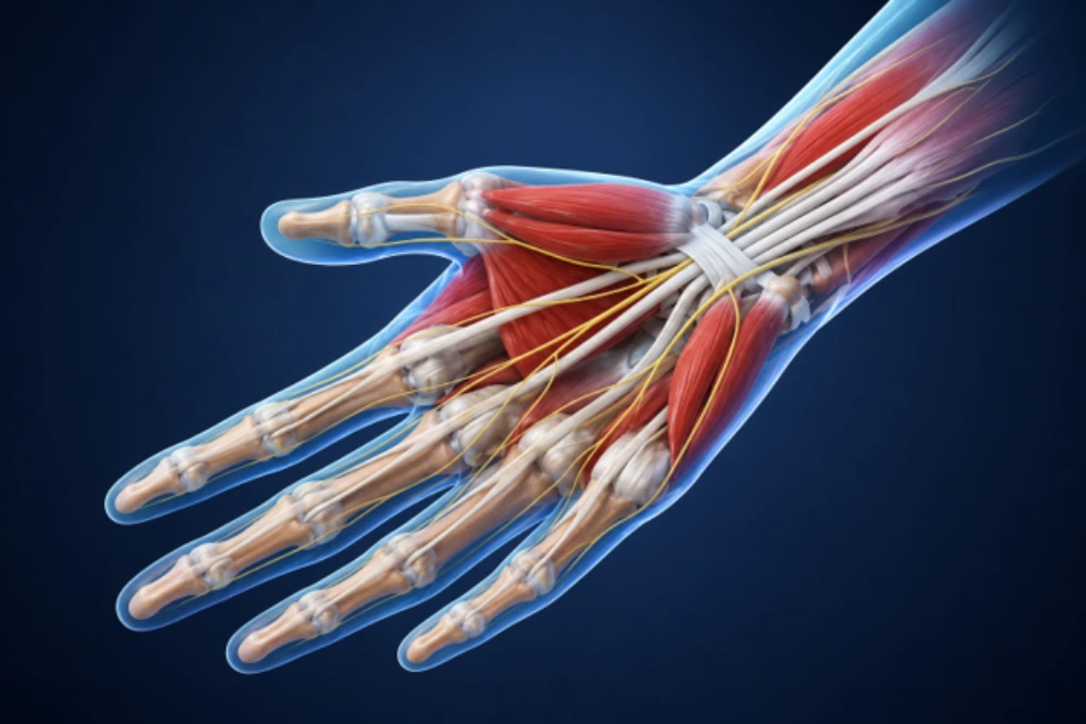 Medical illustration showing the anatomy of the hand and wrist, including the median nerve and carpal tunnel.