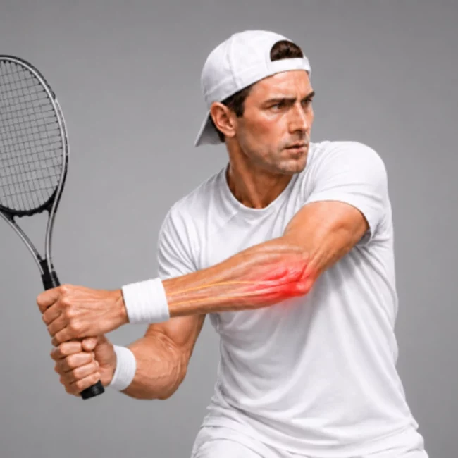 Tennis player experiencing ulnar-sided wrist pain caused by extensor carpi ulnaris (ECU) tendon subluxation during play.