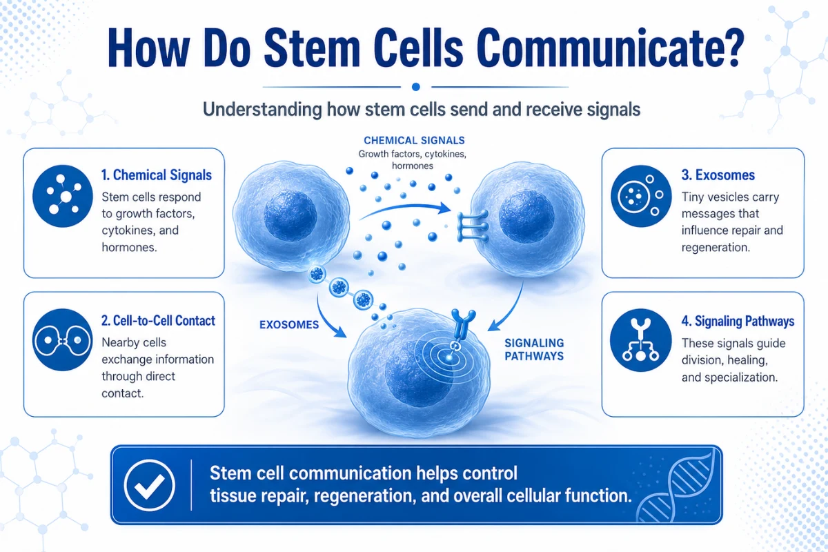 What Is Stem Cell Signaling and Why Is It Important? 2 Diagram explaining how stem cells communicate through chemical signals, exosomes, cell-to-cell contact, and signaling pathways.