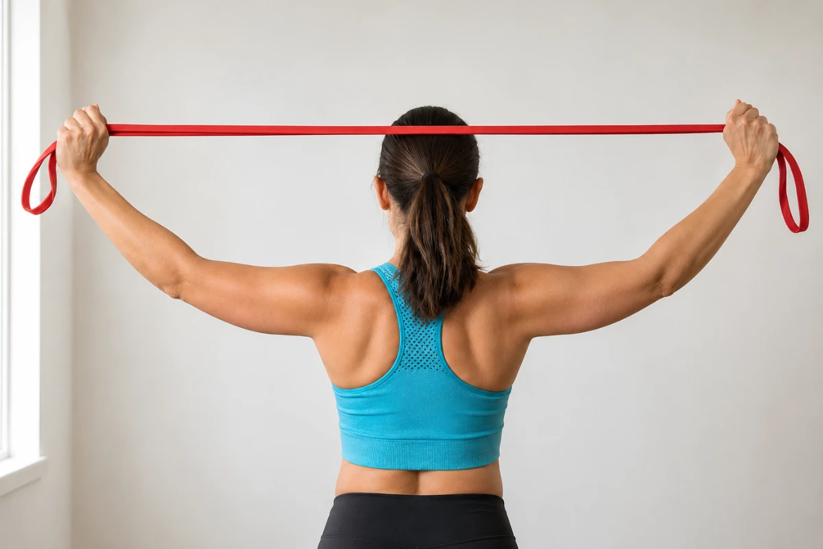 Resistance band exercise for rotator cuff strengthening to improve shoulder stability and prevent injury.