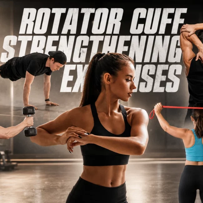 Illustration featuring rotator cuff strengthening exercises, including resistance band training, shoulder stretches, wall push-ups, and mobility exercises for shoulder rehabilitation.