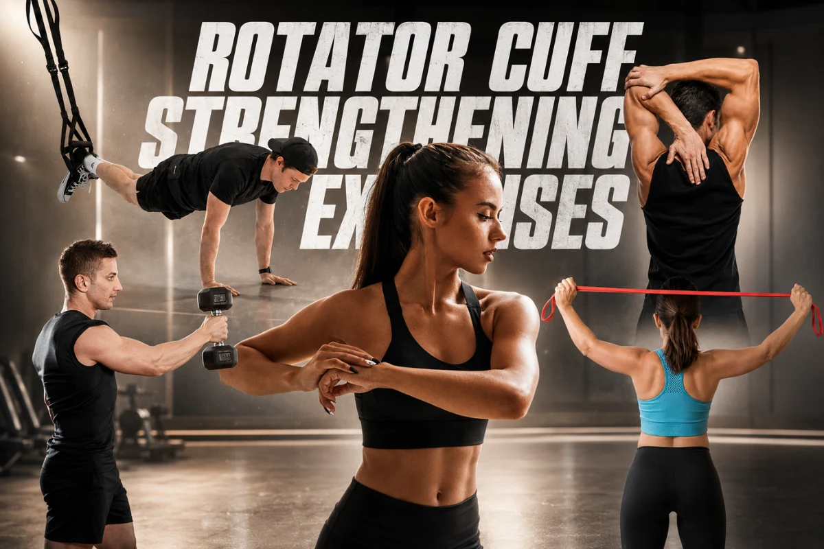Illustration featuring rotator cuff strengthening exercises, including resistance band training, shoulder stretches, wall push-ups, and mobility exercises for shoulder rehabilitation.