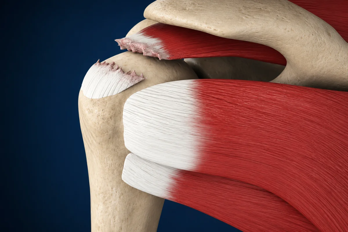Medical illustration showing a rotator cuff tear in the shoulder, highlighting damaged tendons and surrounding muscles.