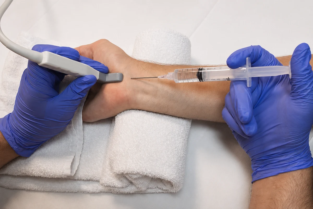 Ultrasound-guided injection for carpal tunnel syndrome to reduce median nerve compression and wrist pain.