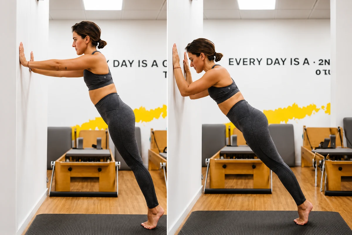 Person performing a wall push-up plus exercise to strengthen the rotator cuff and improve shoulder stability.