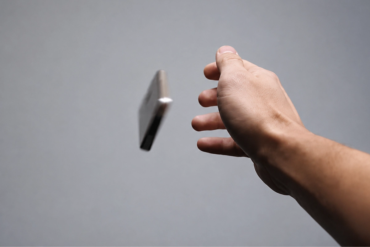 A person's hand losing grip and dropping a smartphone due to carpal tunnel weakness.