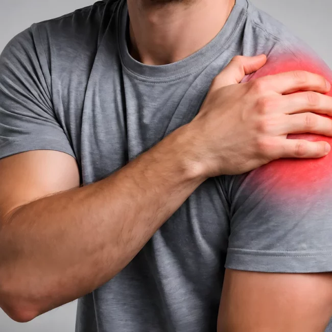 Man holding his painful shoulder, illustrating rotator cuff tear and shoulder pain