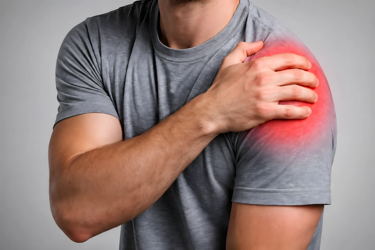 Man holding his painful shoulder, illustrating rotator cuff tear and shoulder pain
