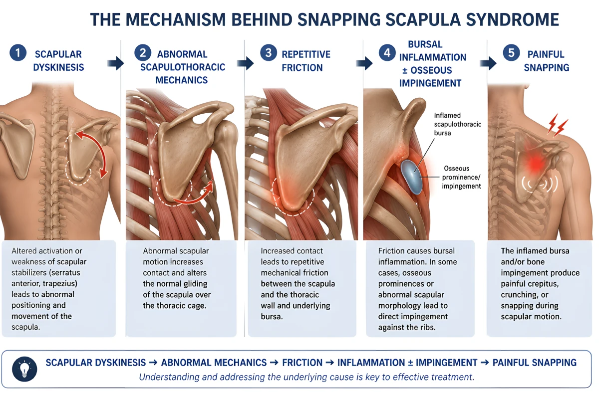Mechanism of snapping scapula syndrome showing scapular dyskinesis, abnormal mechanics, friction, inflammation and painful snapping