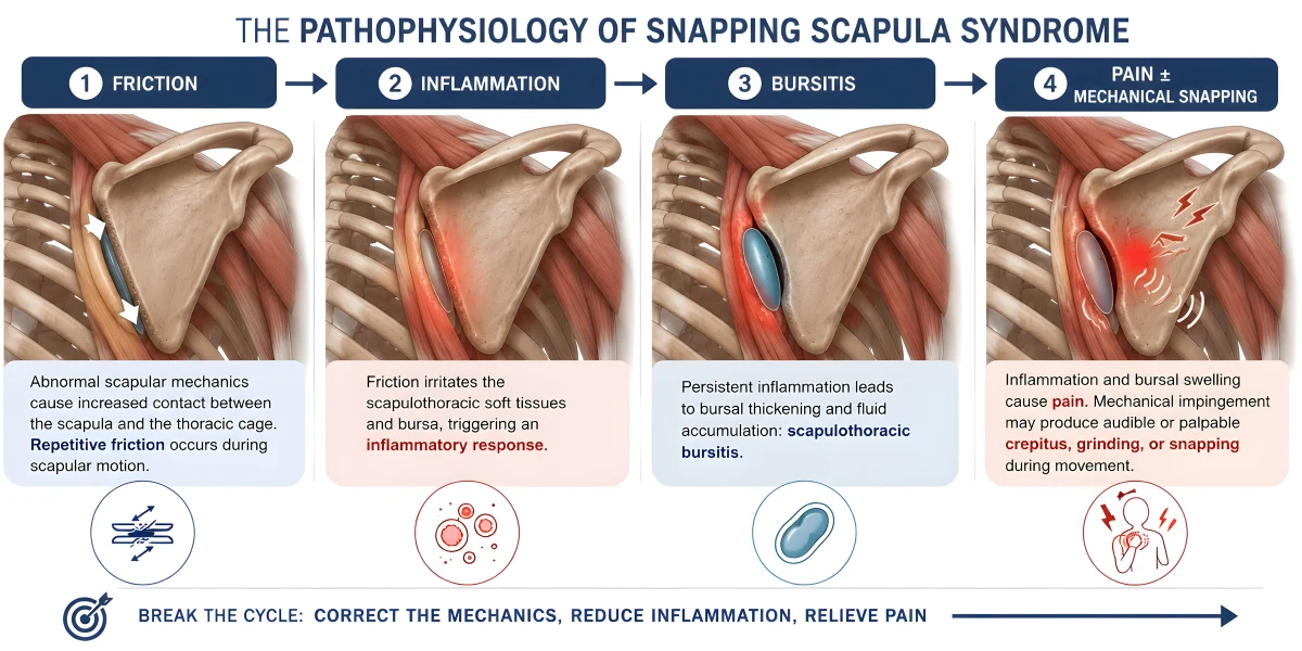 Snapping Scapula Syndrome: Causes, Symptoms & Treatment 3 Snapping scapula syndrome pathophysiology showing friction, inflammation, bursitis and painful snapping