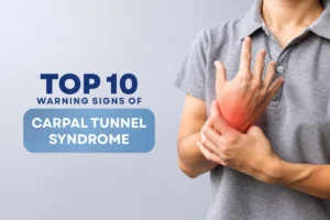 Banner graphic holding a painful wrist, featuring the text "Top 10 Warning Signs of Carpal Tunnel Syndrome