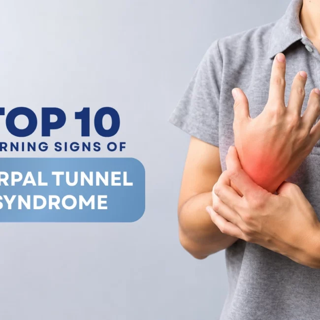 Banner graphic holding a painful wrist, featuring the text "Top 10 Warning Signs of Carpal Tunnel Syndrome