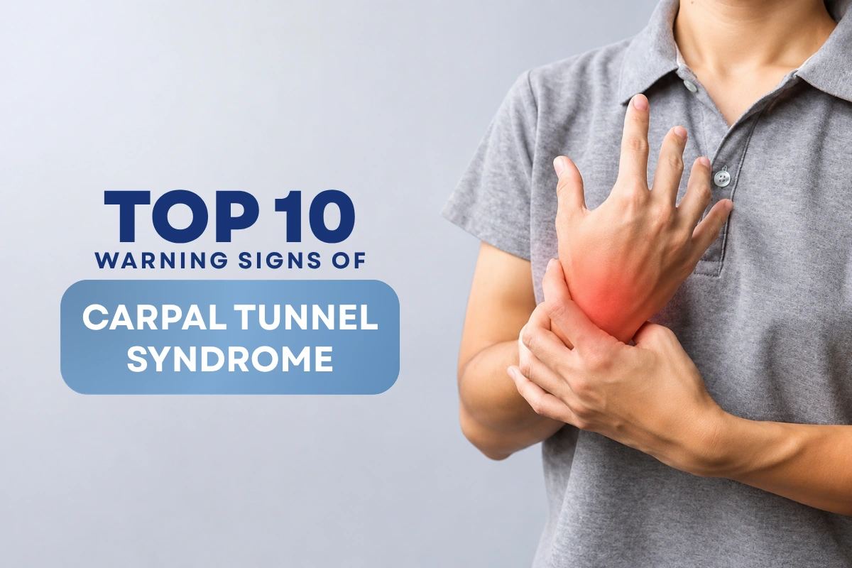 Banner graphic holding a painful wrist, featuring the text "Top 10 Warning Signs of Carpal Tunnel Syndrome