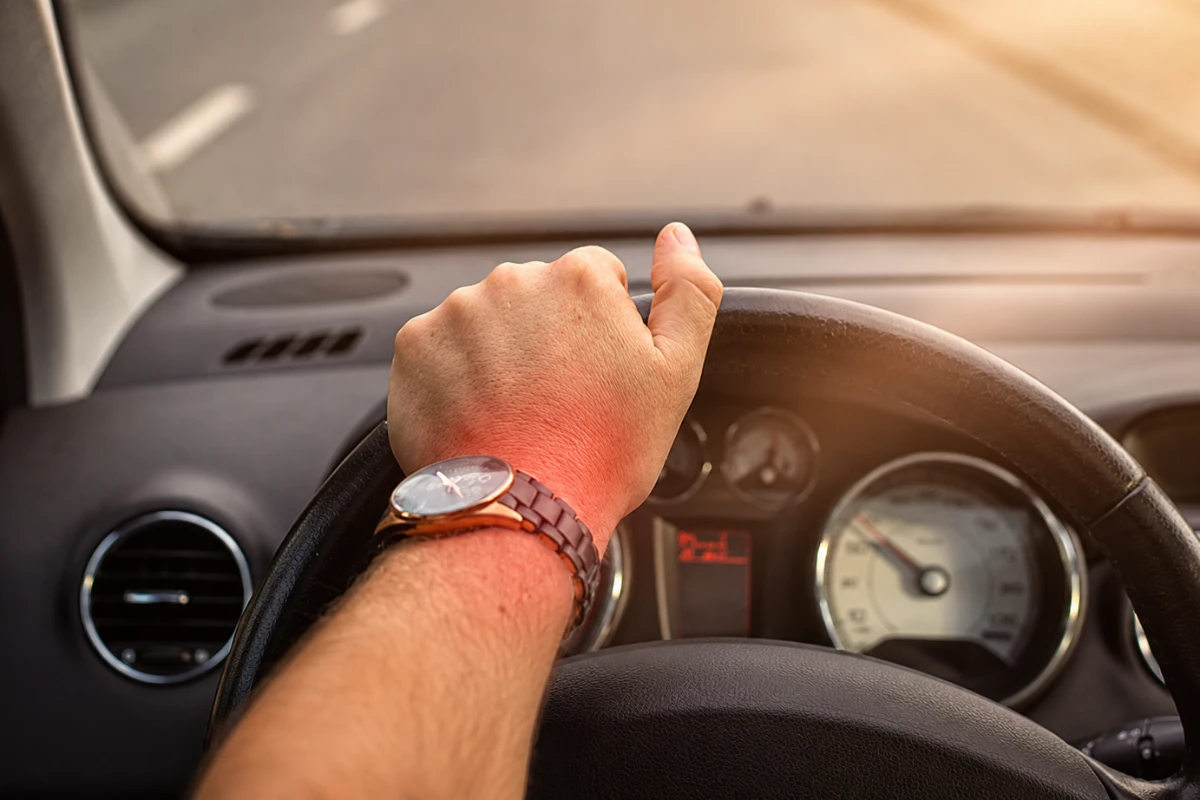 10 Carpal Tunnel Syndrome Symptoms: Early Signs of Nerve Pressure Close-up of a person gripping a car steering wheel with highlighted red pain on the wrist