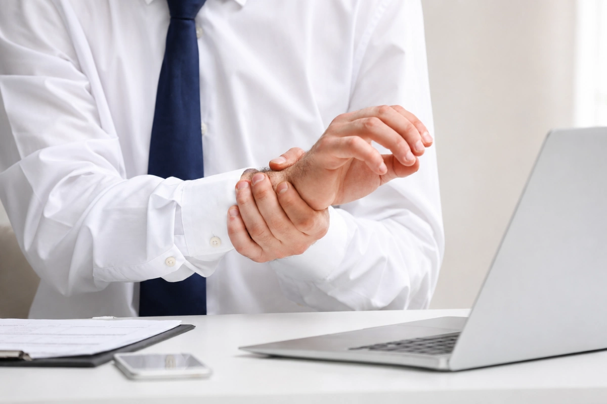 Office worker experiencing wrist pain while working on a computer