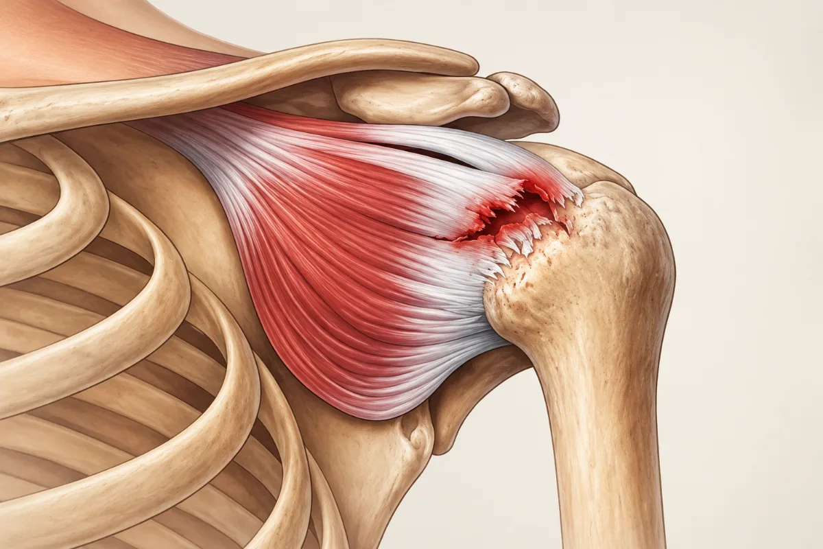 8 Common Causes: Why Does My Shoulder Hurt at Night? 2 Anatomical illustration showing a tear in the rotator cuff tendon of the shoulder