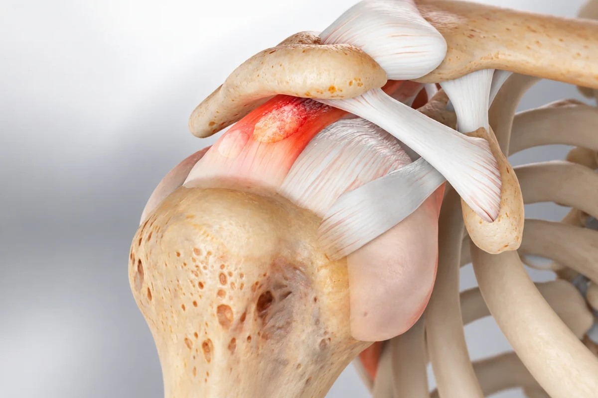 8 Common Causes: Why Does My Shoulder Hurt at Night? 4 Anatomical illustration showing inflammation of the rotator cuff beneath the shoulder blade