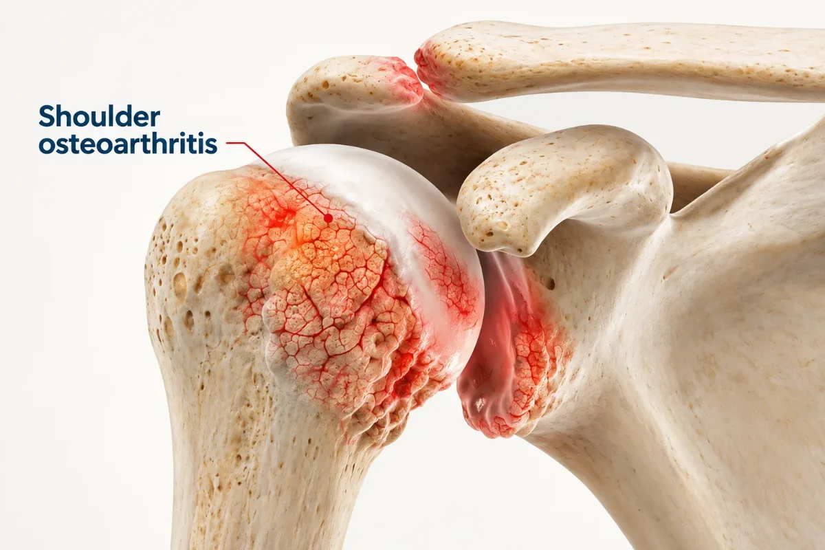 Medical illustration showing shoulder osteoarthritis affecting the joint and causing inflammation