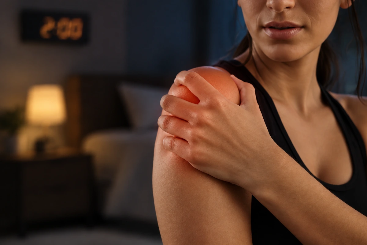 8 Common Causes: Why Does My Shoulder Hurt at Night? 5 Woman experiencing shoulder pain while holding her shoulder at night