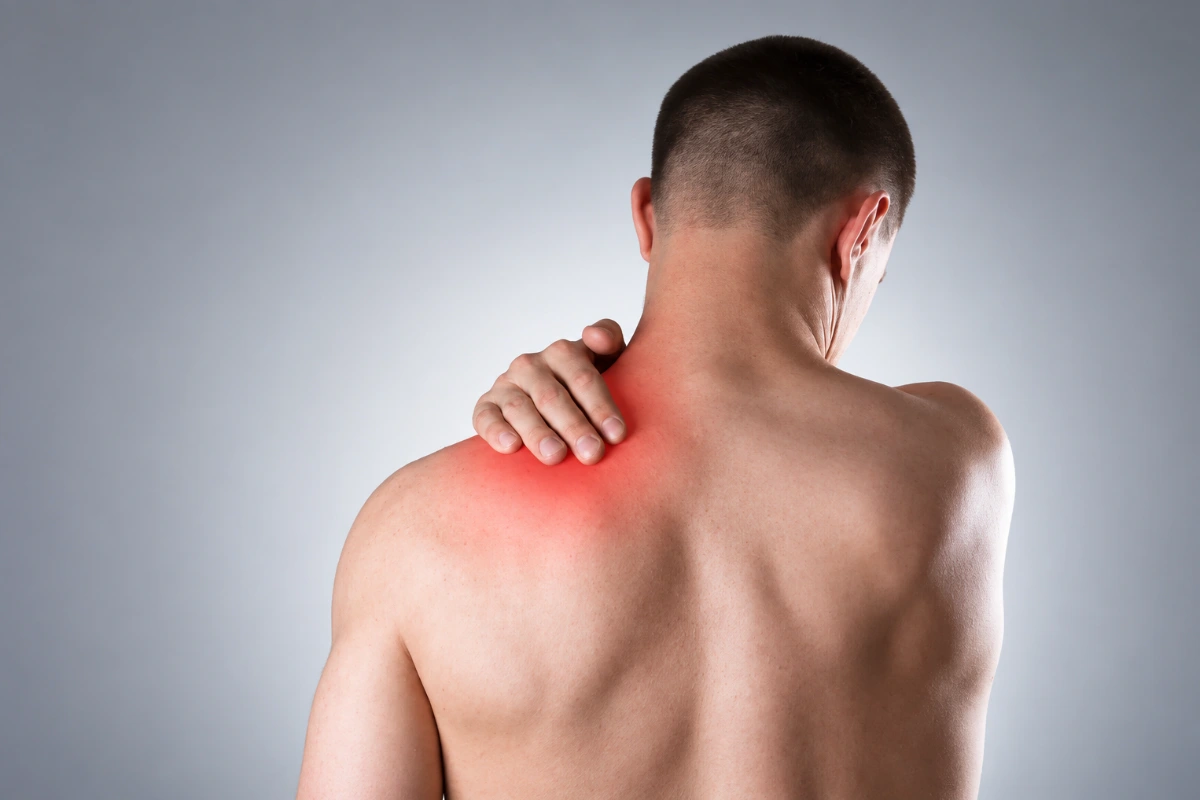 Man holding his shoulder because of upper shoulder pain