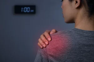 Woman experiencing shoulder pain while touching the affected shoulder at night