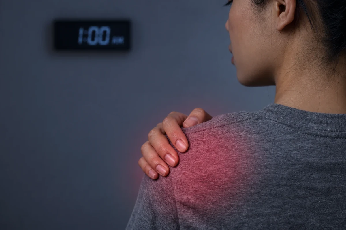 Woman experiencing shoulder pain while touching the affected shoulder at night