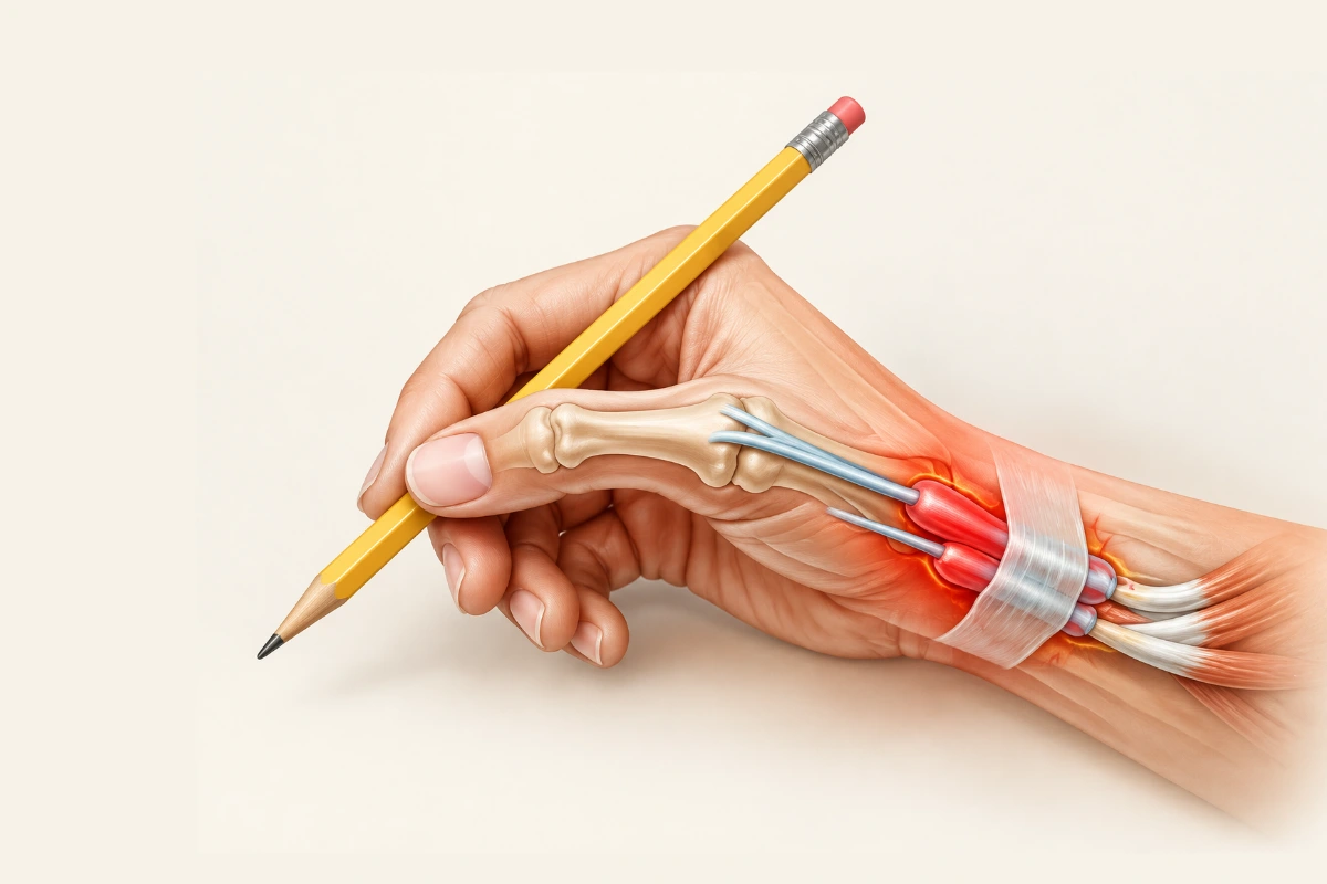 Illustration showing thumb tendon pain and anatomy