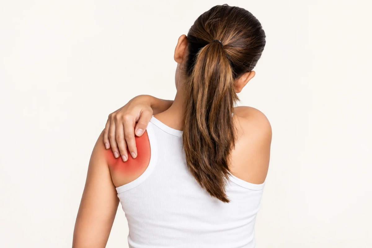 Woman holding her painful shoulder due to shoulder pain and restricted movement