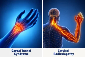 Carpal Tunnel vs Cervical Radiculopathy: Side-by-side medical illustration comparing carpal tunnel syndrome at the wrist with cervical radiculopathy involving nerves from the neck to the arm.