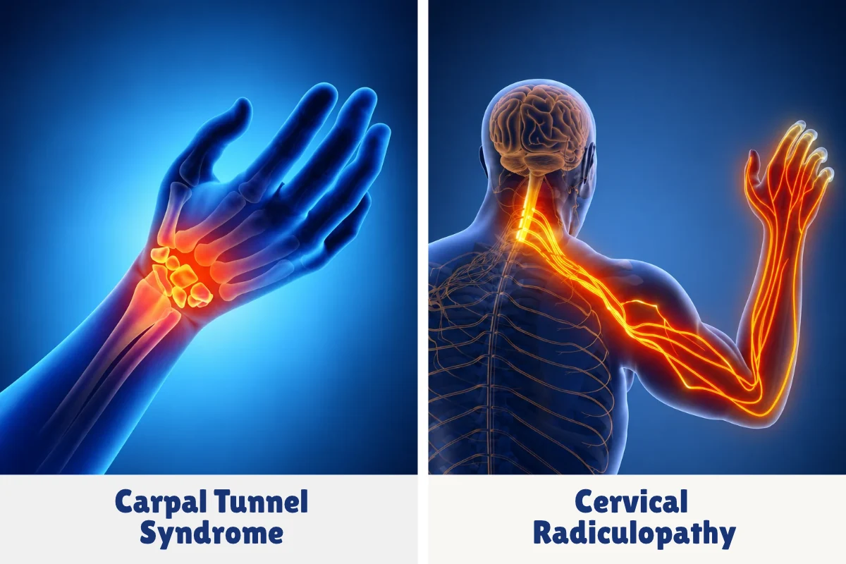 Carpal Tunnel vs Cervical Radiculopathy: Side-by-side medical illustration comparing carpal tunnel syndrome at the wrist with cervical radiculopathy involving nerves from the neck to the arm.