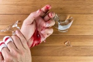 Deep cut to the hand caused by broken glass, with bleeding fingers and palm that may require urgent medical assessment.