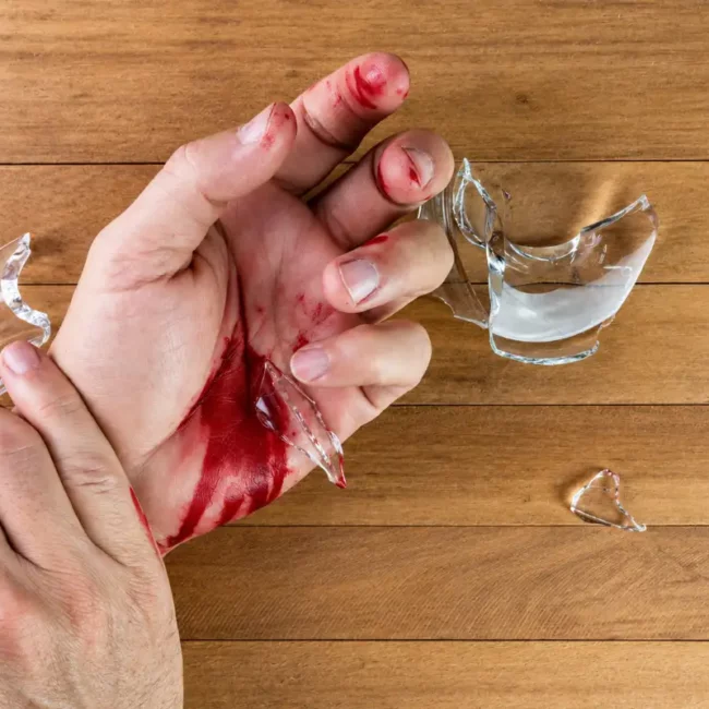 Deep cut to the hand caused by broken glass, with bleeding fingers and palm that may require urgent medical assessment.