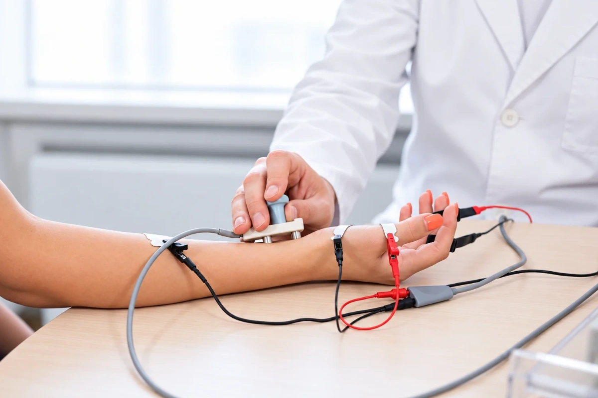 Doctor performing a nerve conduction study on a patient's forearm to evaluate hand numbness and possible nerve compression.
