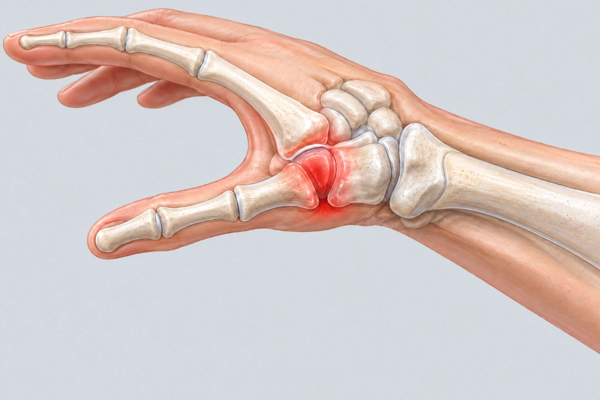 Medical illustration showing thumb base arthritis with inflammation at the carpometacarpal (CMC) joint.