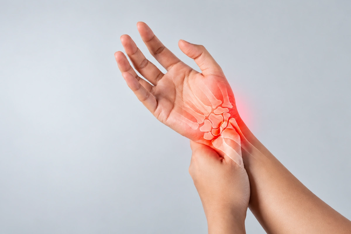 Person holding a painful wrist with an anatomical illustration of the wrist bones highlighting the area of discomfort.